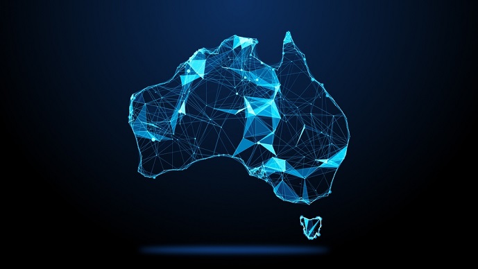 Cyber security Perth network visual with a blue glass Australian map symbolising secure digital connections and cybersecurity infrastructure.
