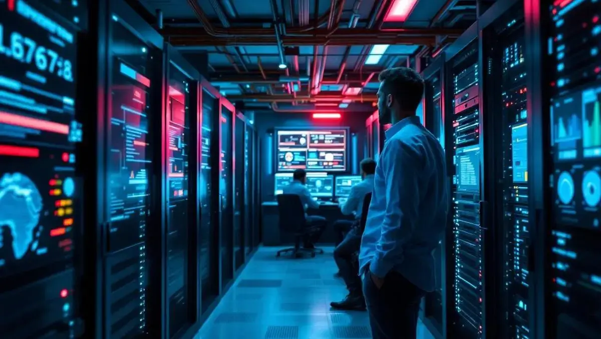 Man monitoring multiple screens in a data centre Perth facility managing servers, networks and real-time system data.